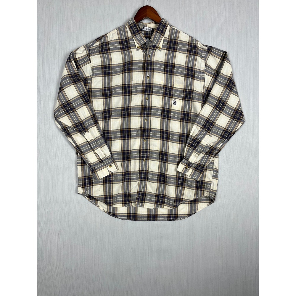 Nautica Relaxed‎ Button Down Mens L Plaid 90s Fit Cream Blue Long Sleeve Cotton